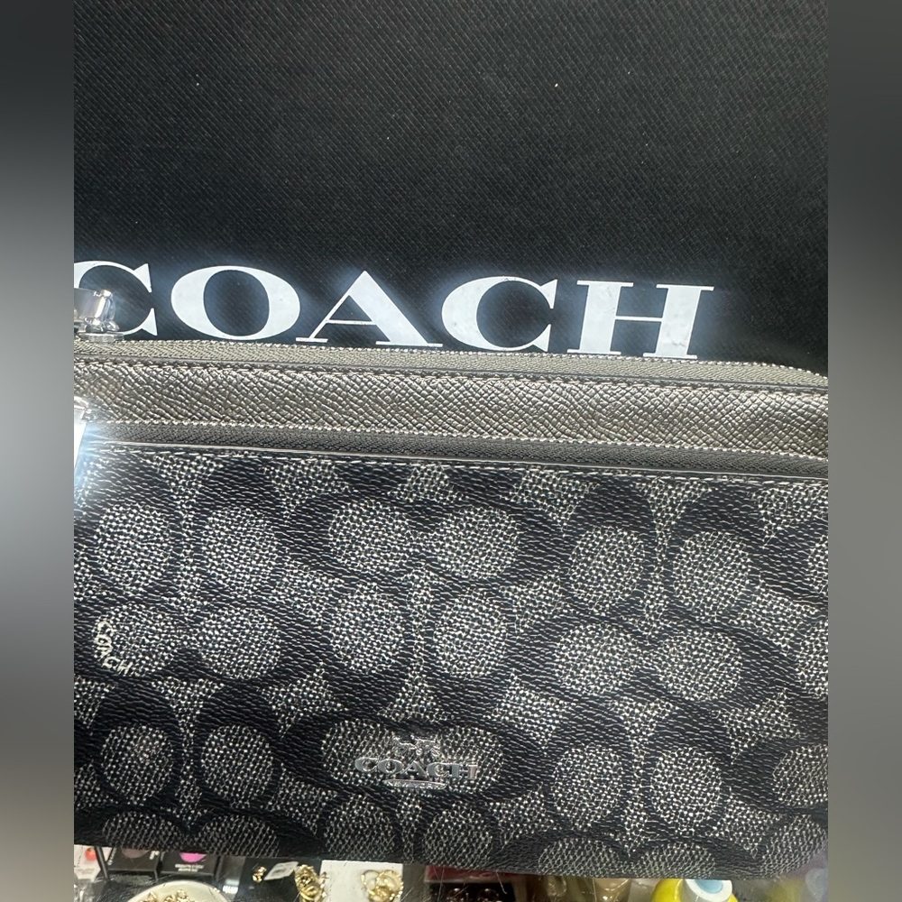 Coach Graphite Signature and Gray Metallic Leather Wristlet/Wallet